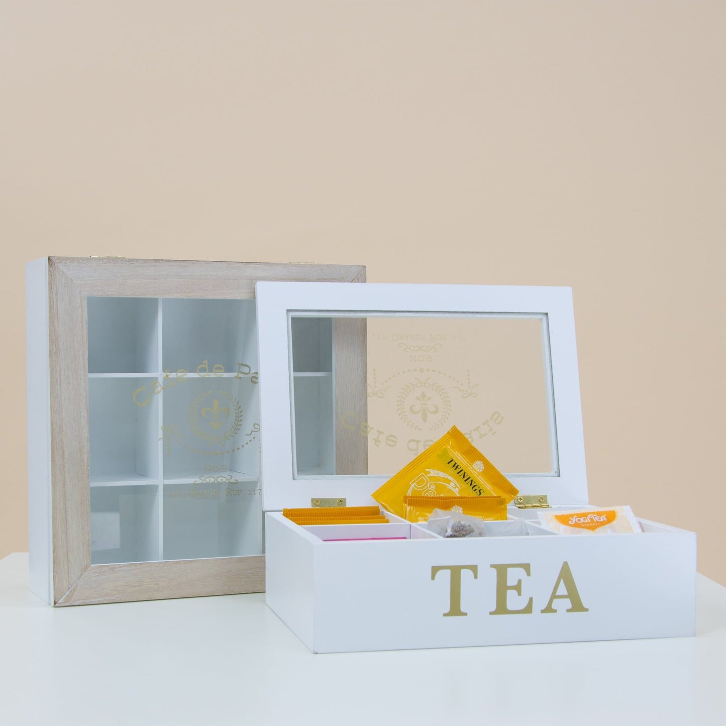 Дървена Кутия за Чай със Стъклен Капак - 9 отделения - Terzico