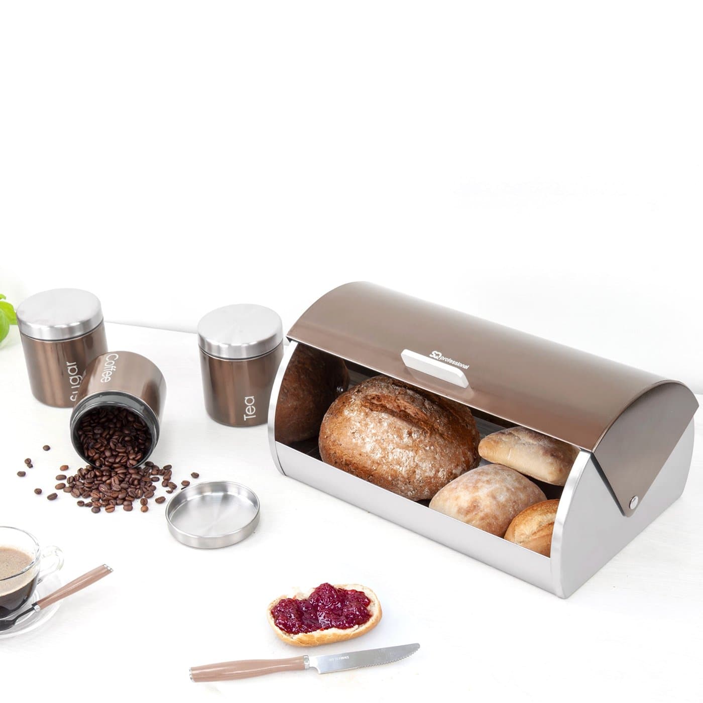 Комплект Кутия за Хляб и 3 Канистери за Съхранение на Кафе, Чай и Захар - Бронзов - Terzico