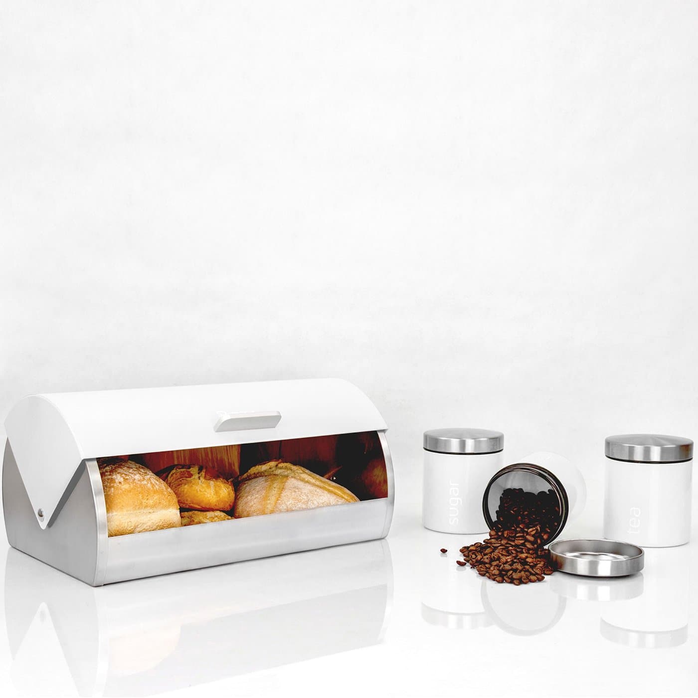 Комплект Кутия за Хляб и 3 Канистери за Съхранение на Кафе, Чай и Захар - Бял - Terzico
