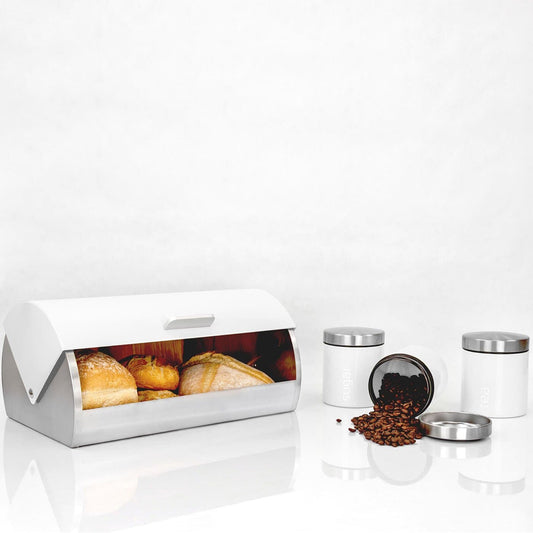 Комплект Кутия за Хляб и 3 Канистери за Съхранение на Кафе, Чай и Захар - Бял - Terzico