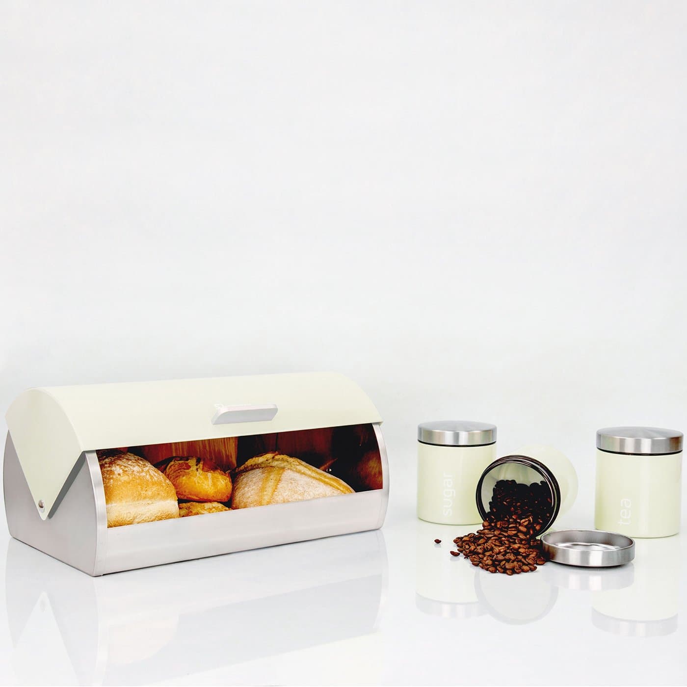 Комплект Кутия за Хляб и 3 Канистери за Съхранение на Кафе, Чай и Захар - Кремав - Terzico