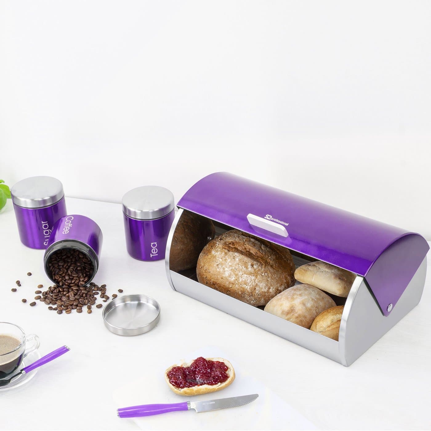Комплект Кутия за Хляб и 3 Канистери за Съхранение на Кафе, Чай и Захар - Лилав - Terzico