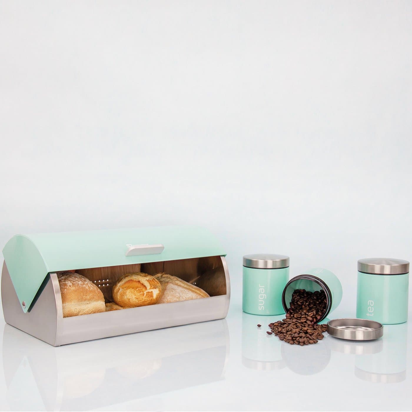 Комплект Кутия за Хляб и 3 Канистери за Съхранение на Кафе, Чай и Захар - Ментово Зелен - Terzico