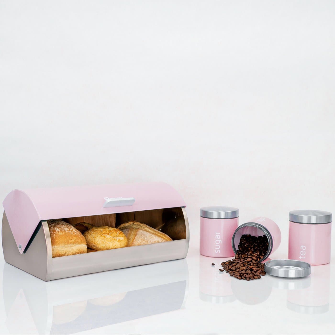 Комплект Кутия за Хляб и 3 Канистери за Съхранение на Кафе, Чай и Захар - Розов - Terzico