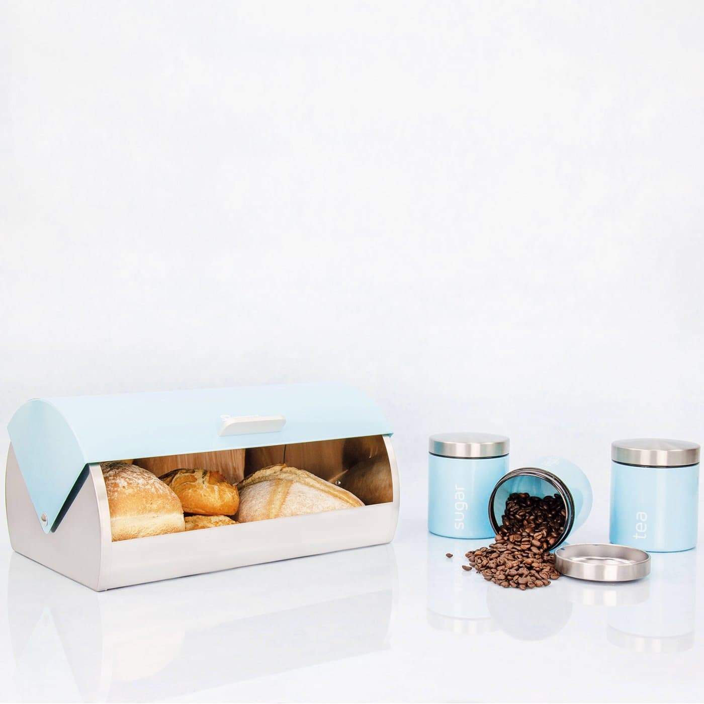 Комплект Кутия за Хляб и 3 Канистери за Съхранение на Кафе, Чай и Захар - Светло Син - Terzico