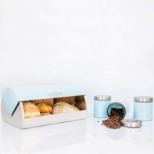 Комплект Кутия за Хляб и 3 Канистери за Съхранение на Кафе, Чай и Захар - Светло Син - Terzico