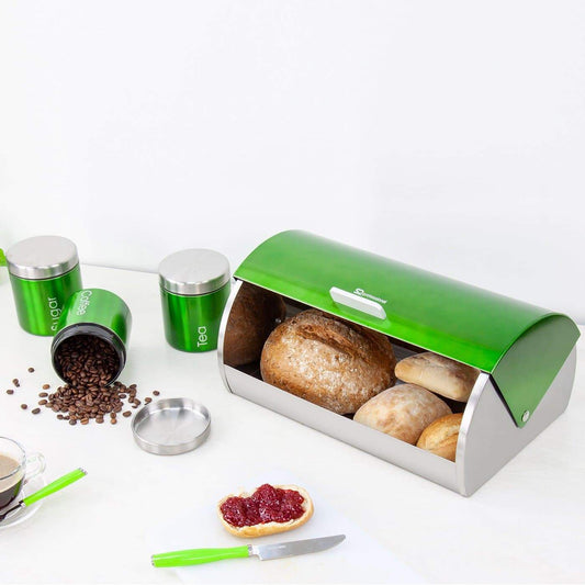 Комплект Кутия за Хляб и 3 Канистери за Съхранение на Кафе, Чай и Захар - Зелен - Terzico